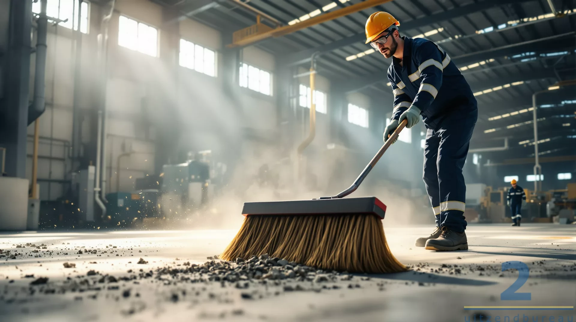 Industrieel reiniger in overall veegt de vloer van een fabriekshal