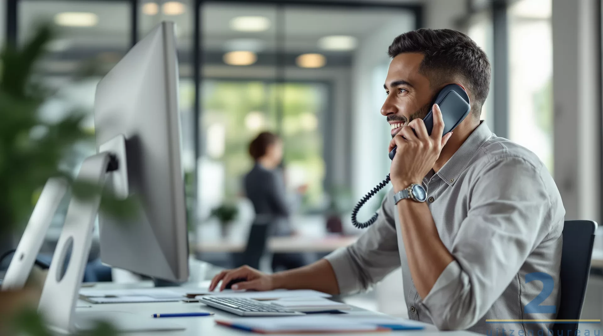 Operations assistant aan het werk op kantoor achter de computer en aan de telefoon